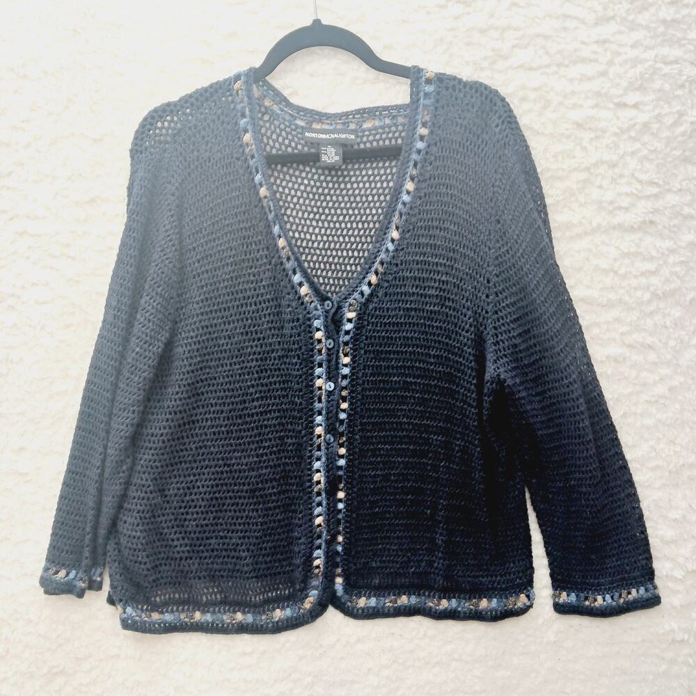 Cardigan Sweater Navy Boho Preppy Lace Textured Cottagecore Open Weave Size XL